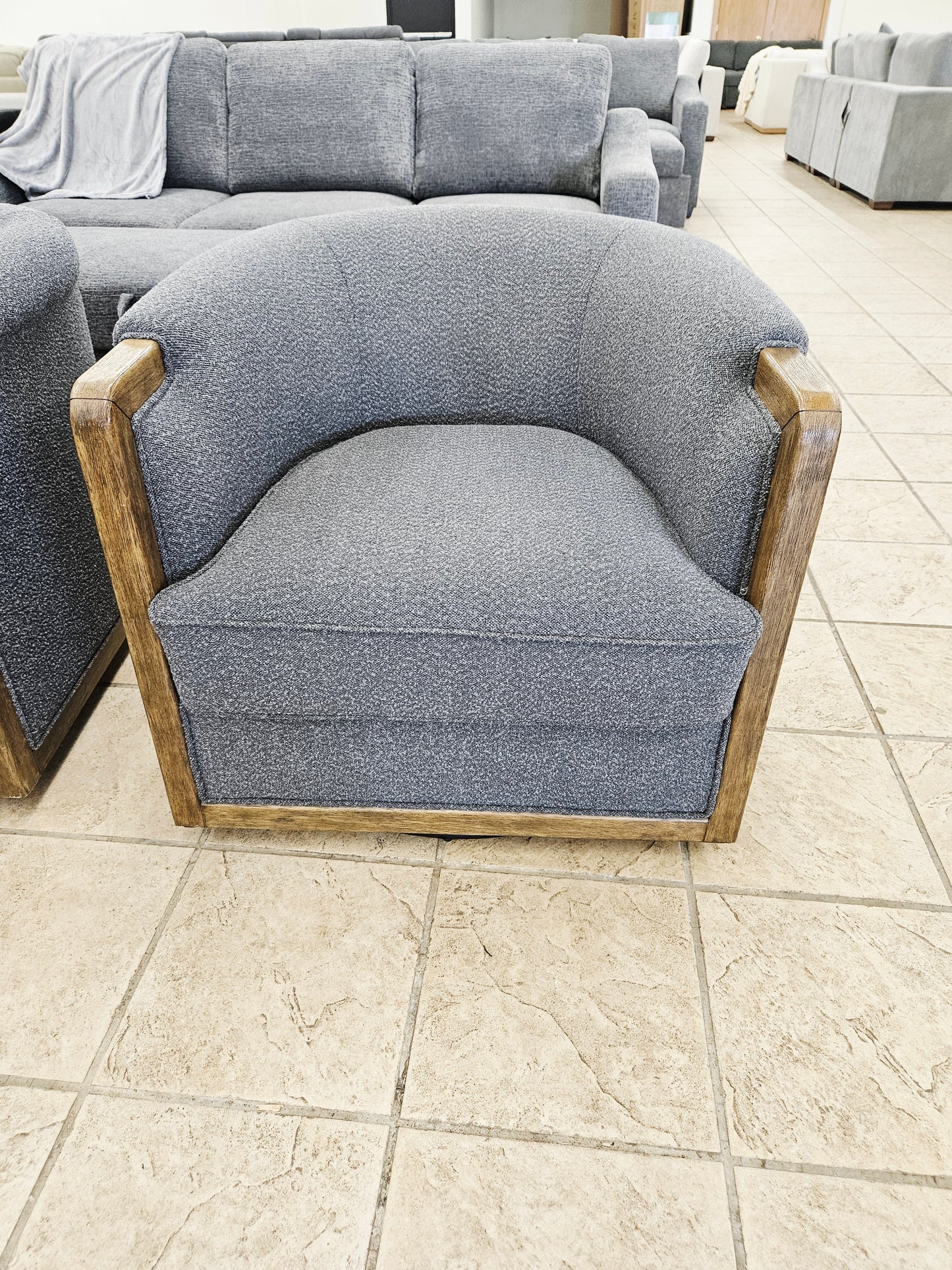 Thomasville Fabric Swivel Chair with Wood Trim - Floor Model